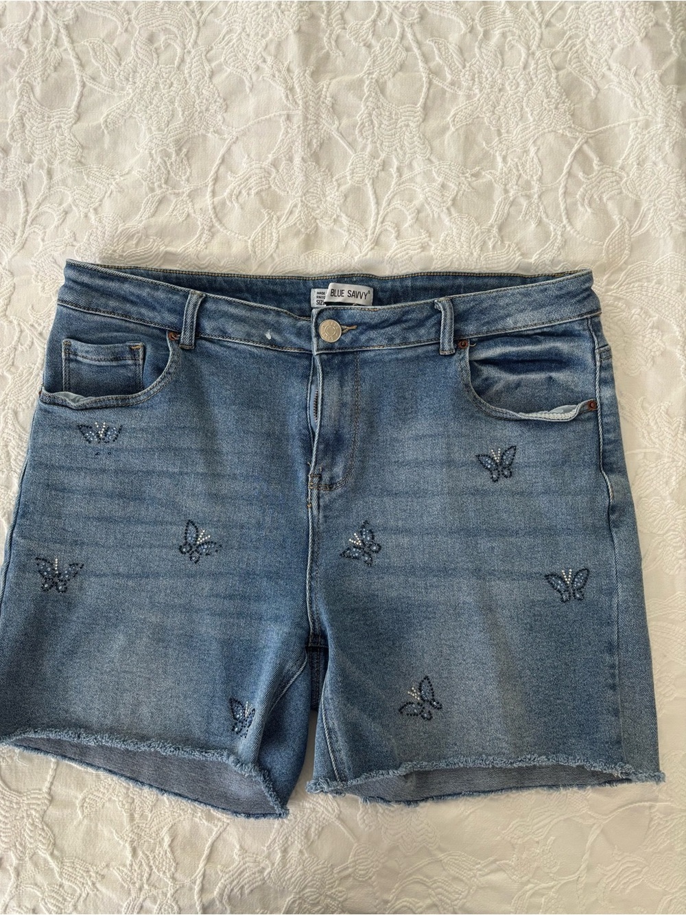 Women's Blue Savvy Butterfly  Embellished Denim Shorts